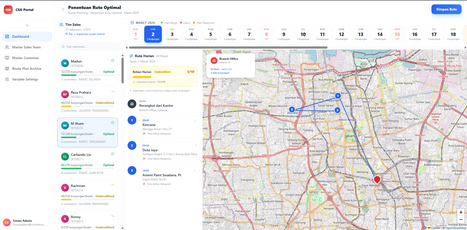 CSA route optimization dashboard with map and planning panels